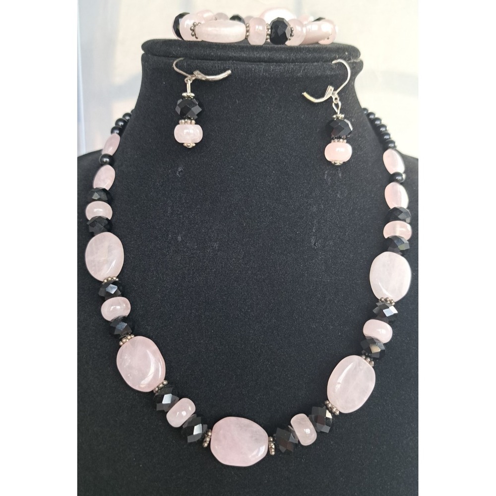 Fashion Jewelry Set Necklace Bracelet Earrings Beaded Gemstone Rose‎ Quartz